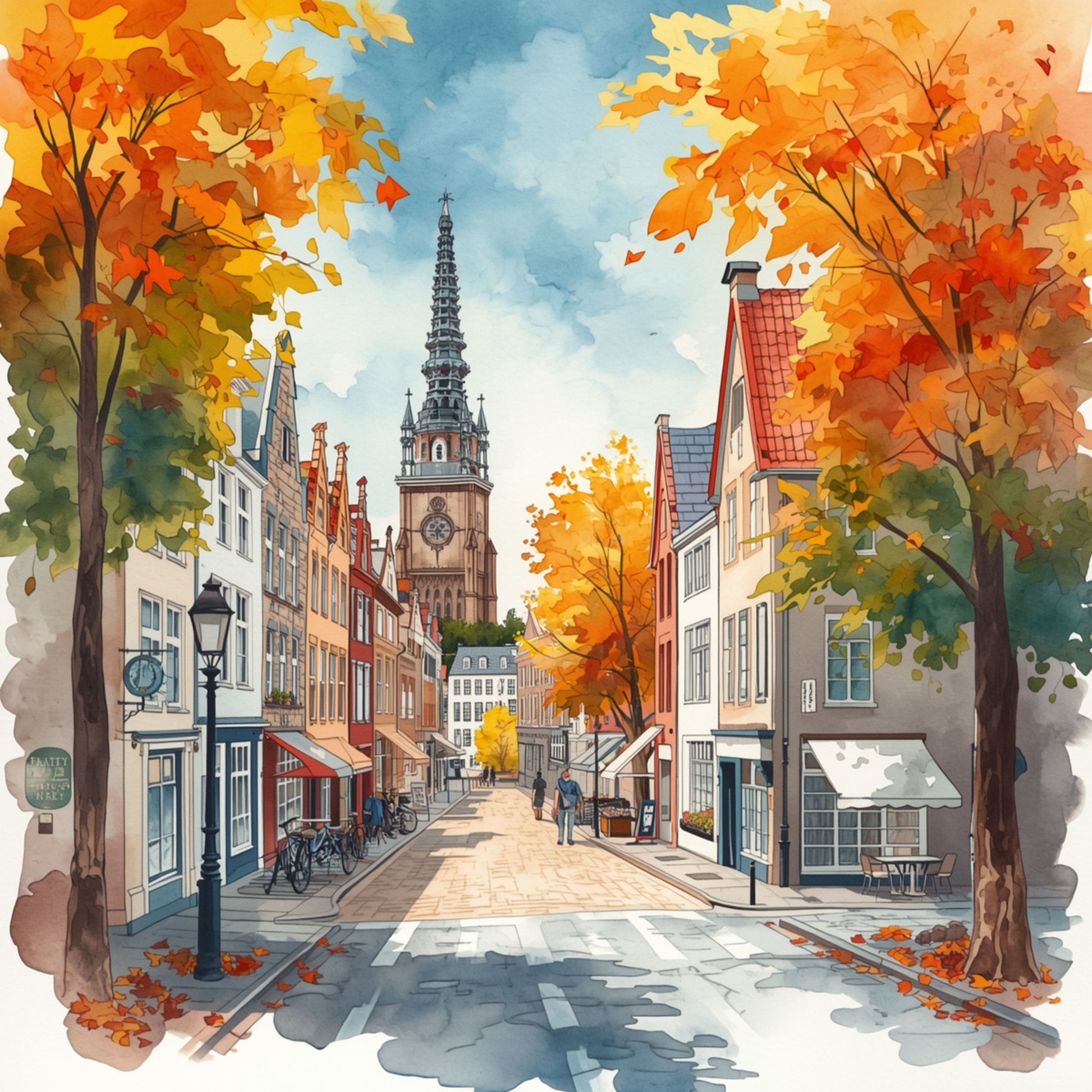 Arnhem herfststraat schilderij met schilderachtige winkelstraat, vuurrode en gouden herfstbomen, historische panden, slanke kerktoren en sierlijke lantaarnpaal – aquarel wall art print
