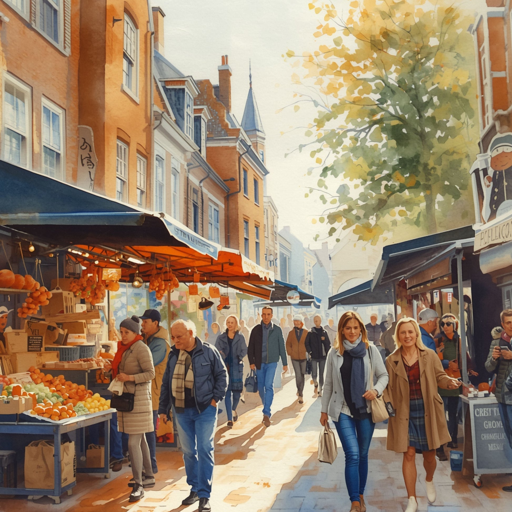 Delft marktstraat schilderij met drukke winkelstraat, rode marktkramen, wandelende mensen en gouden zonlicht tussen historische panden – aquarel wall art print
