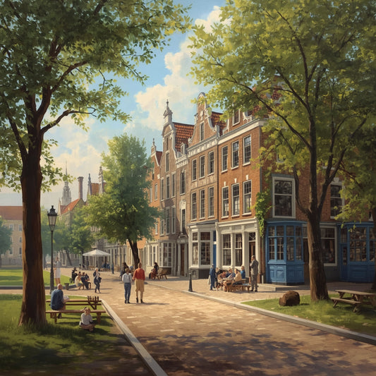 Delft straatschilderij met zomerse brede laan, weelderige groene bomen, historische rode bakstenen panden en wandelende mensen in warm zonlicht – realistisch wall art print
