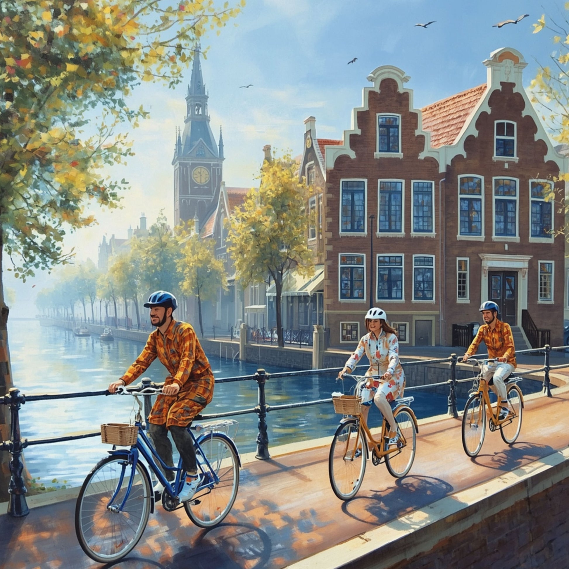 Delft schilderij met drie fietsers op kade langs gracht, historische trapgevels, kerktoren en zacht mistig ochtendlicht – wall art print
