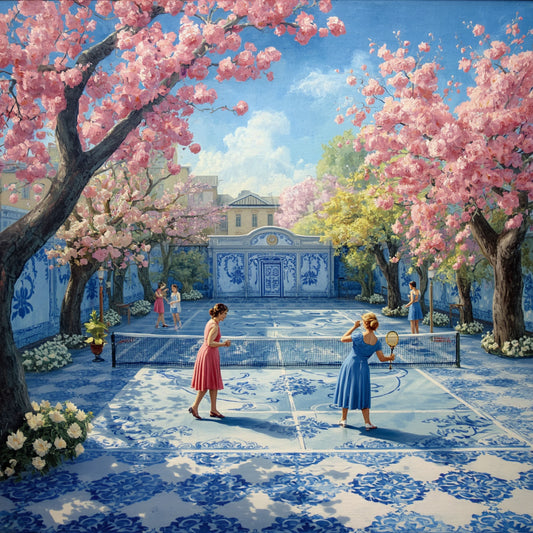 Delft schilderij met twee vrouwen in kleurrijke jurken op blauw betegeld plein onder explosief bloeiende roze kersenbomen en klassiek gebouw – sprookjesachtige wall art print
