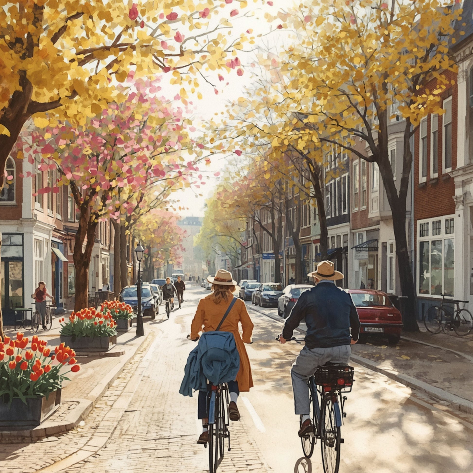 Delft herfst schilderij met twee fietsers op kasseistraat onder gouden herfstbomen met rode tulpen en warm doorschijnend zonlicht – cinematisch wall art print
