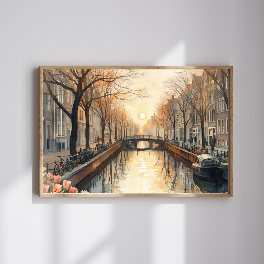Den Haag gracht schilderij in houten lijst op grijze achtergrond – gouden zonsondergang aquarel wall art