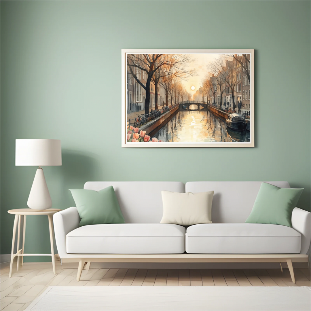 Den Haag gracht schilderij ingelijst aan groene muur boven witte bank – aquarel zonsondergang met tulpen