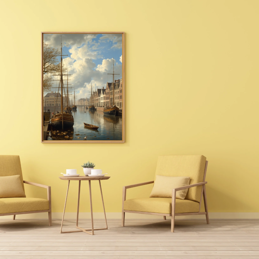 Amsterdam haven schilderij in houten lijst aan gele muur boven twee gele fauteuils met ronde bijzettafel – olieverf wall art woonkamer
