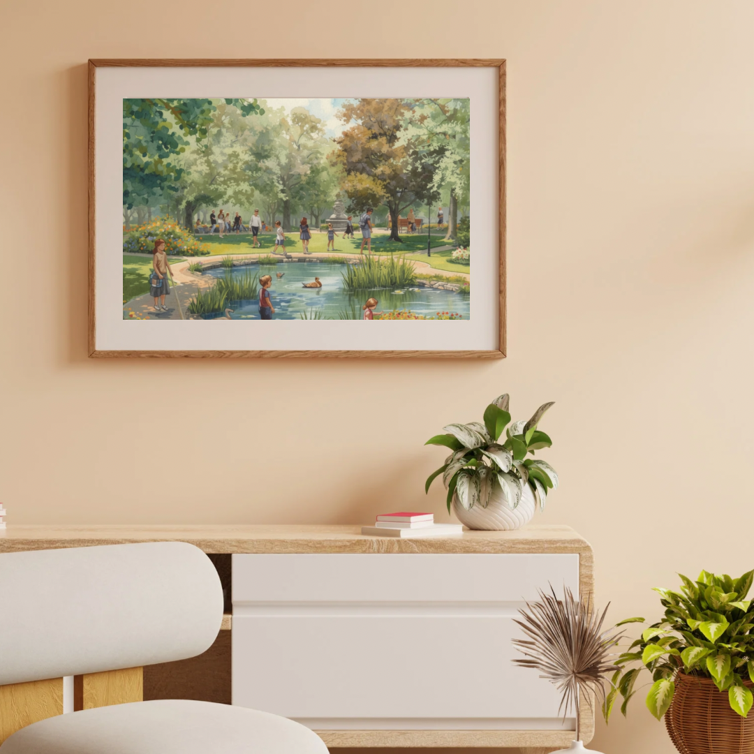 Breda park vijver schilderij in lichte lijst aan beige muur boven wit dressoir met plant en decoraties – aquarel wall art woonkamer
