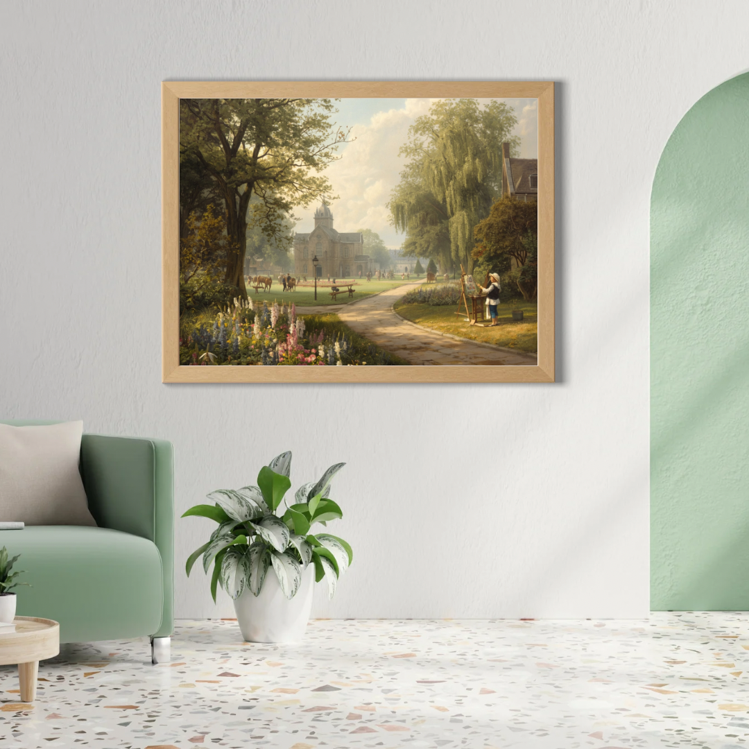 Klassiek landschap schilderij in gouden lijst aan witte muur boven grijze bank met witte kussens en groene plant – oud meester wall art woonkamer
