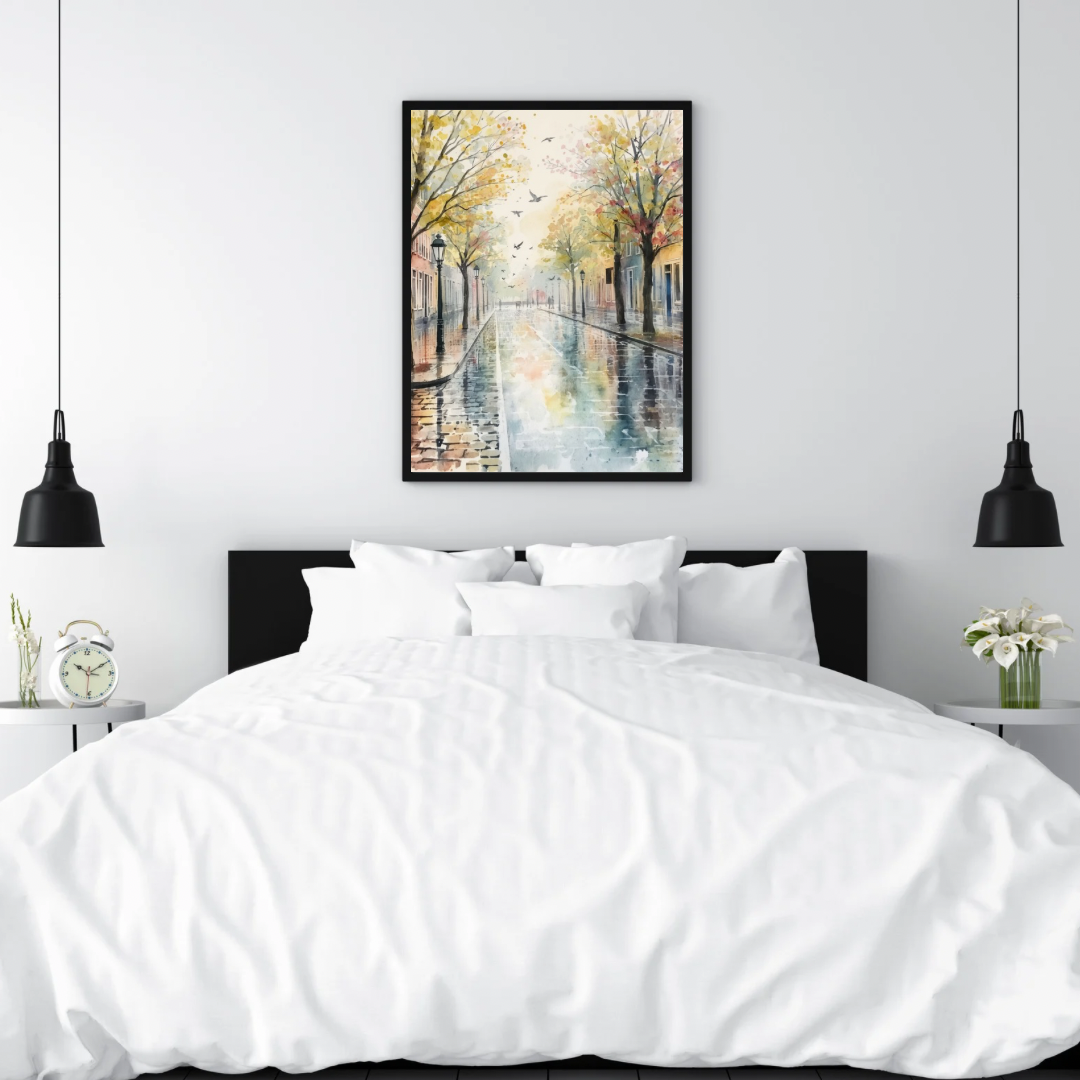 Deventer herfstlaan schilderij in zwarte lijst boven wit bed met zwarte hanglampen – aquarel wall art slaapkamer