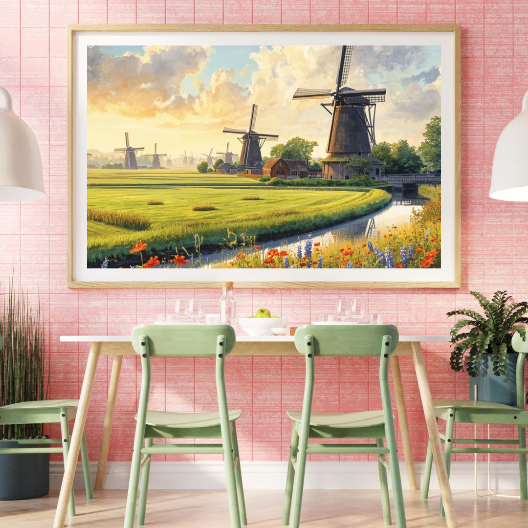 Delft molen polder schilderij in roze lijst aan roze muur boven groene stoelen met roze tafeltje en tropische plant – klassiek wall art eetkamer
