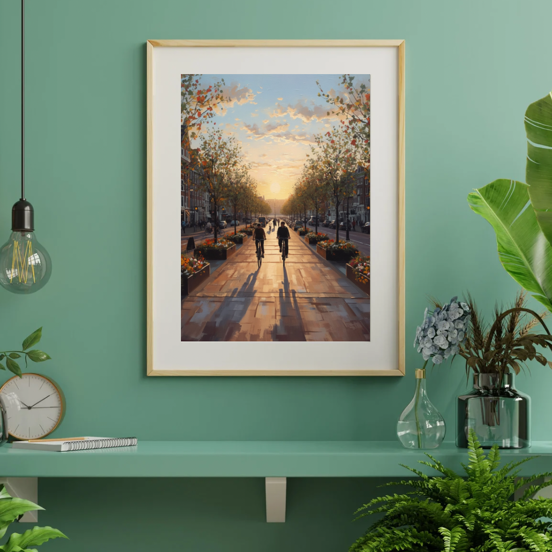 Breda zonsondergang boulevard schilderij in donkere lijst aan groene muur boven licht houten sidetable met plant en decoraties – cinematisch wall art woonkamer
