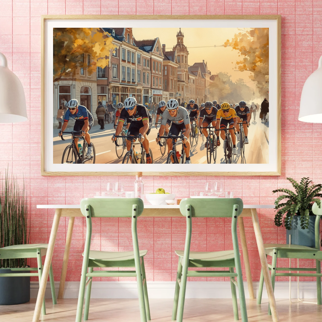 Delft wielrenners schilderij in roze lijst aan roze muur boven groene stoelen met roze tafeltje en tropische plant – aquarel wall art eetkamer
