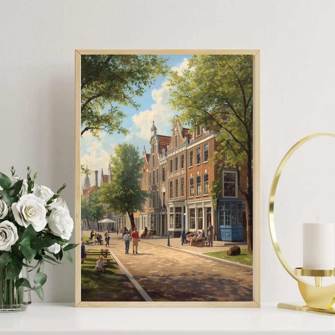 Delft zomerse laan schilderij in witte lijst aan witte muur naast witte vaas met takken op lichte houten vloer – realistisch wall art woonkamer
