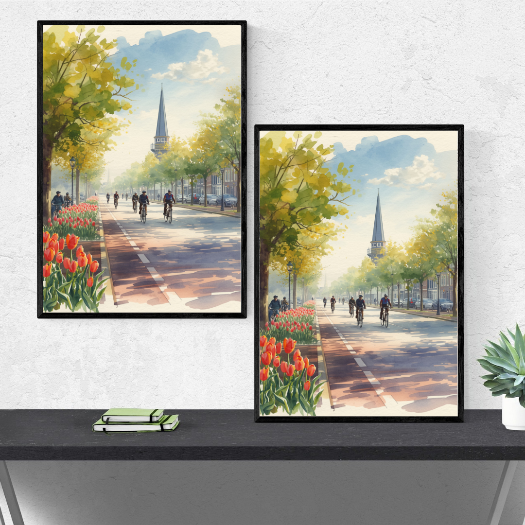 Delft lenteboulevard schilderij als set van twee in donkere lijsten op zwart tv-meubel tegen witte muur met zwarte speakers – aquarel wall art woonkamer
