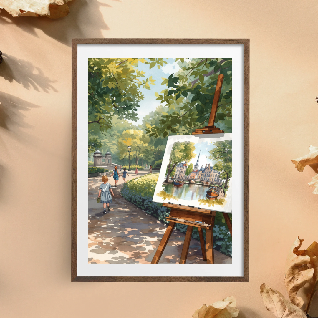 Delft schilder ezel schilderij in donkere lijst aan beige muur boven donker houten dressoir met lamp en decoraties – aquarel wall art woonkamer
