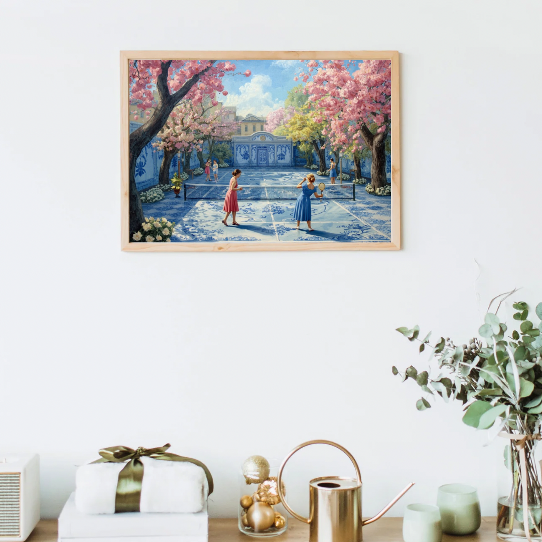 Delft kersenbloesem schilderij in witte lijst aan witte muur boven gouden decoratieve schaal en vaas op wit dressoir – sprookjesachtige wall art woonkamer
