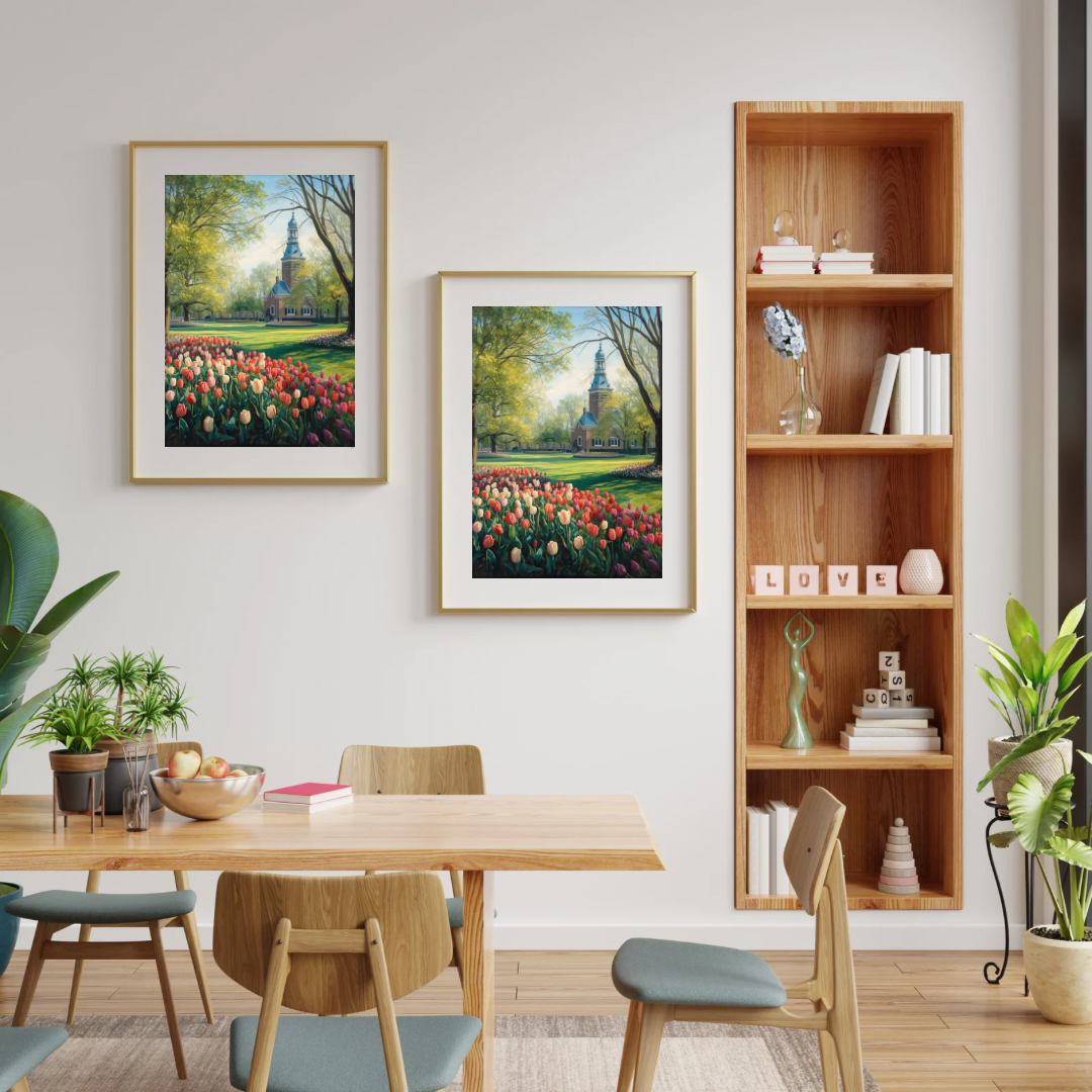 Delft lentepark tulpen schilderij als set van twee in donkere lijsten aan witte muur naast houten boekenkast met planten boven houten eettafel – aquarel wall art eetkamer
