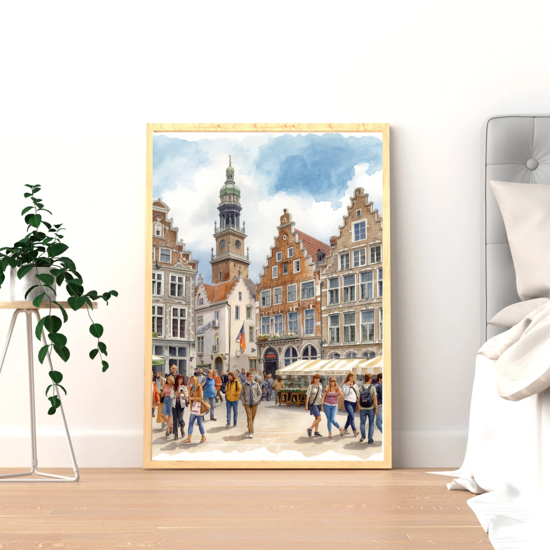 Breda marktplein schilderij als set van twee in gouden lijsten op houten vloer tegen witte muur met plant – aquarel wall art woonkamer

