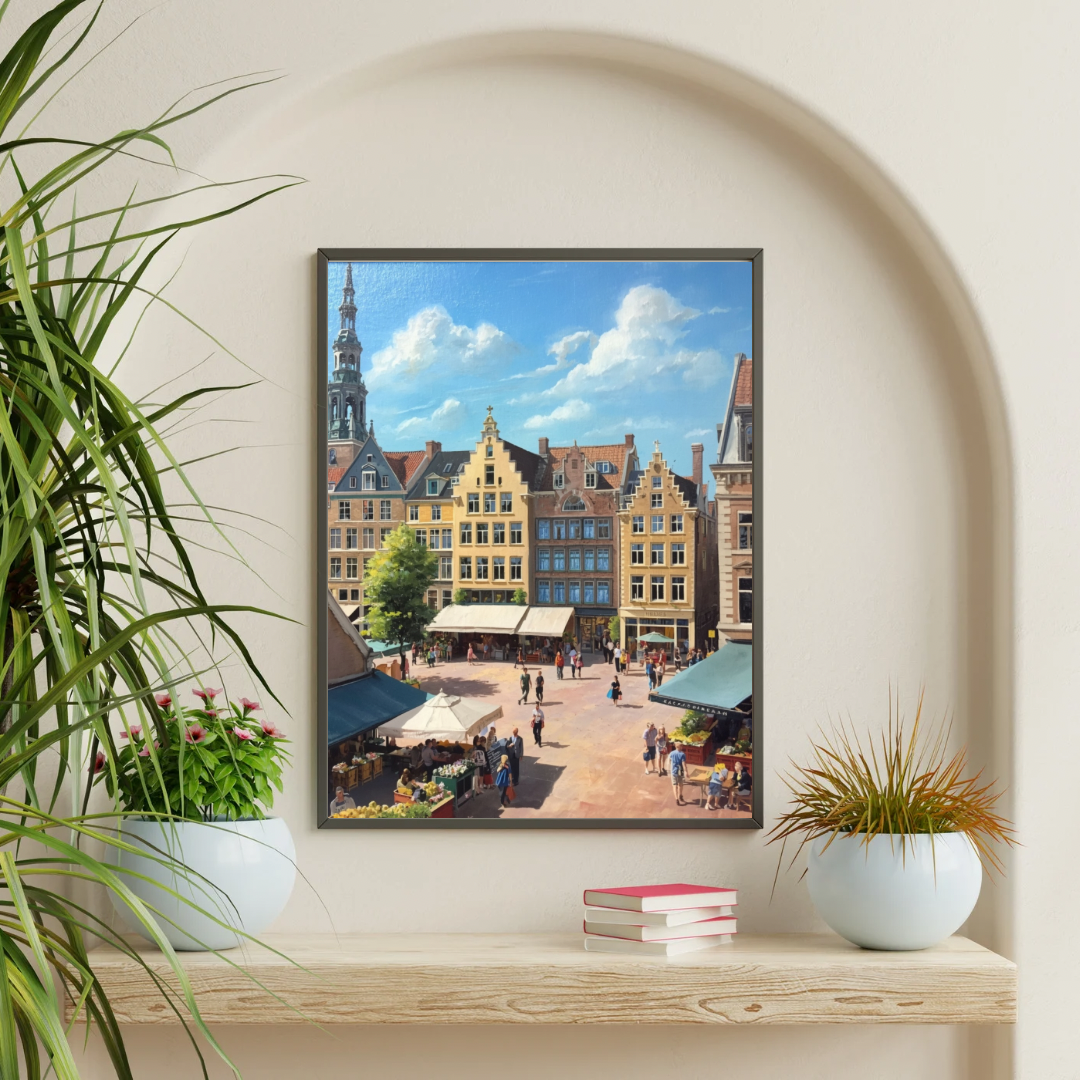 Breda marktplein schilderij in witte lijst aan witte muur naast grote groene plant in witte pot op lichte vloer – realistisch wall art woonkamer
