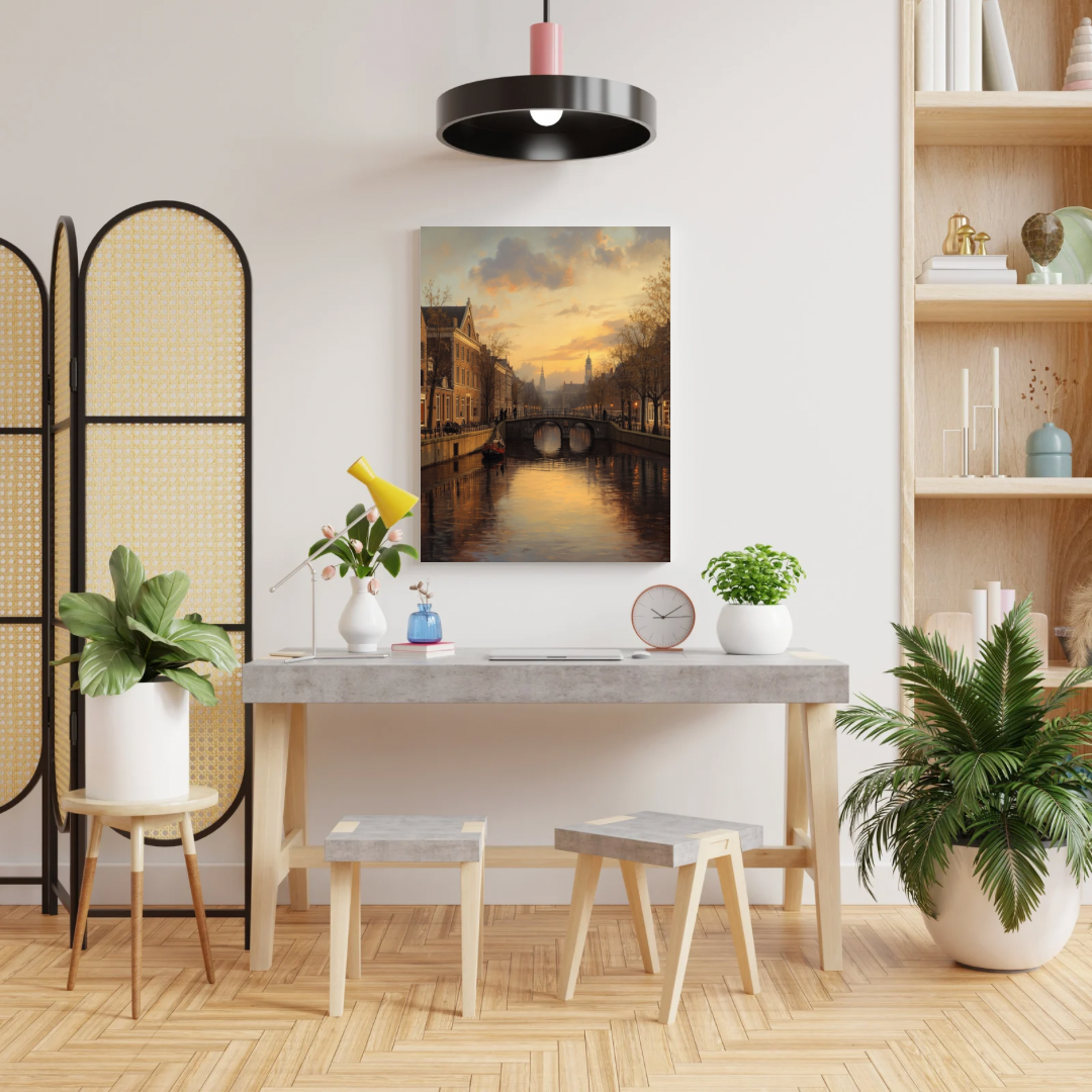 Breda avondgracht schilderij als set van twee in donkere lijsten aan witte muur boven witte eettafel met witte stoelen en hanglamp – klassiek olieverf wall art eetkamer
