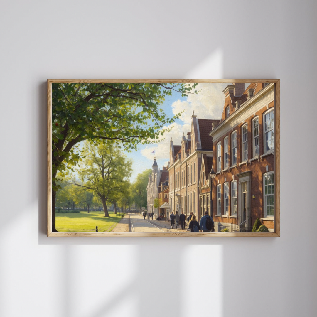 Breda historische laan schilderij in lichte lijst aan witte muur boven wit dressoir met plant en decoraties – realistisch wall art woonkamer
