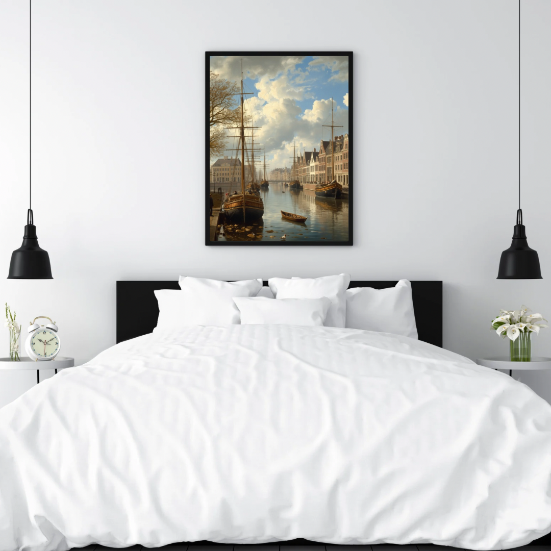 Amsterdam haven schilderij als set van twee in houten lijst aan donkerblauwe muur boven cognac bank met plant – olieverf wall art woonkamer
