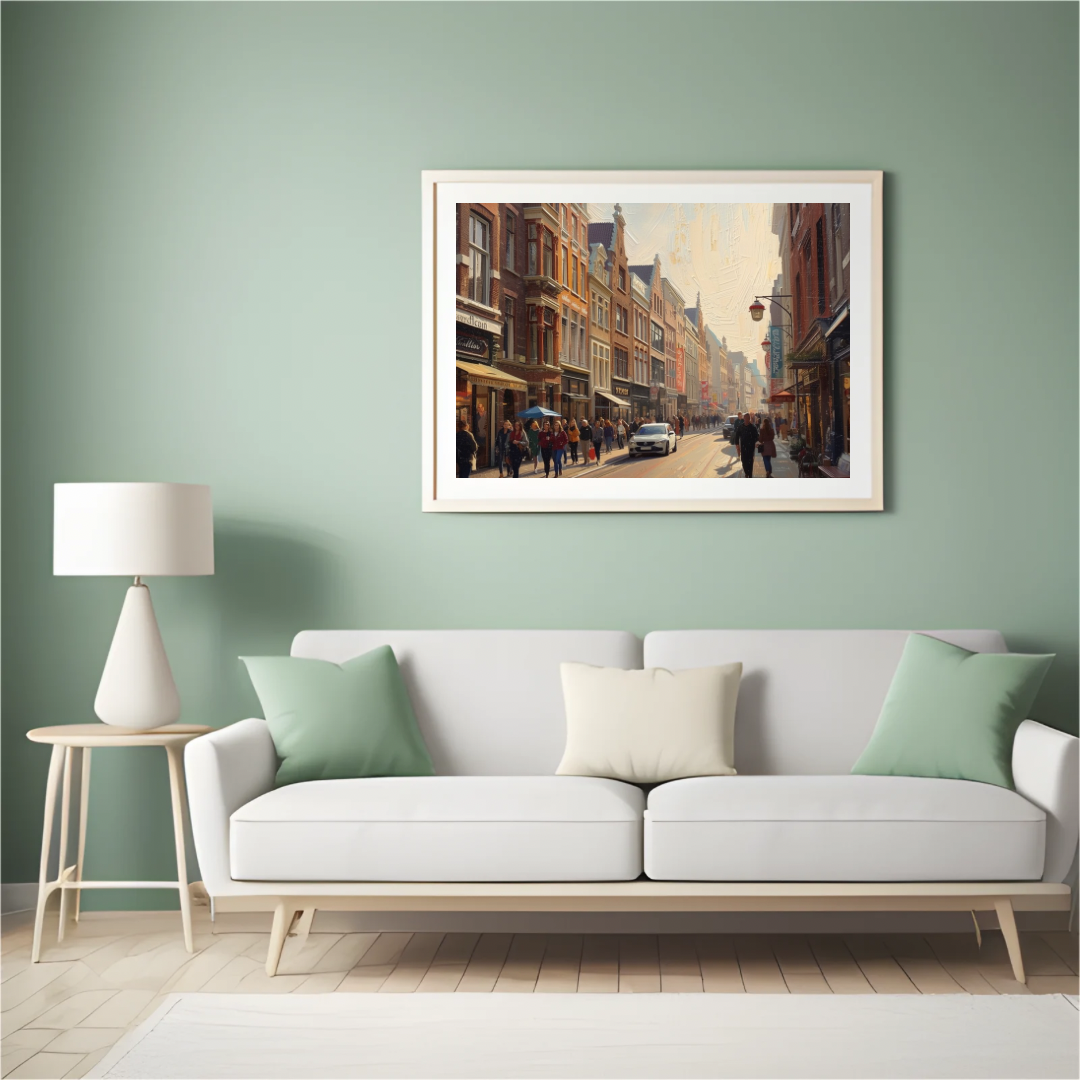 Groningen winkelstraat schilderij in witte lijst aan saliegroen muur boven witte bank met witte vloerlamp en licht houten vloer – olieverf wall art woonkamer
