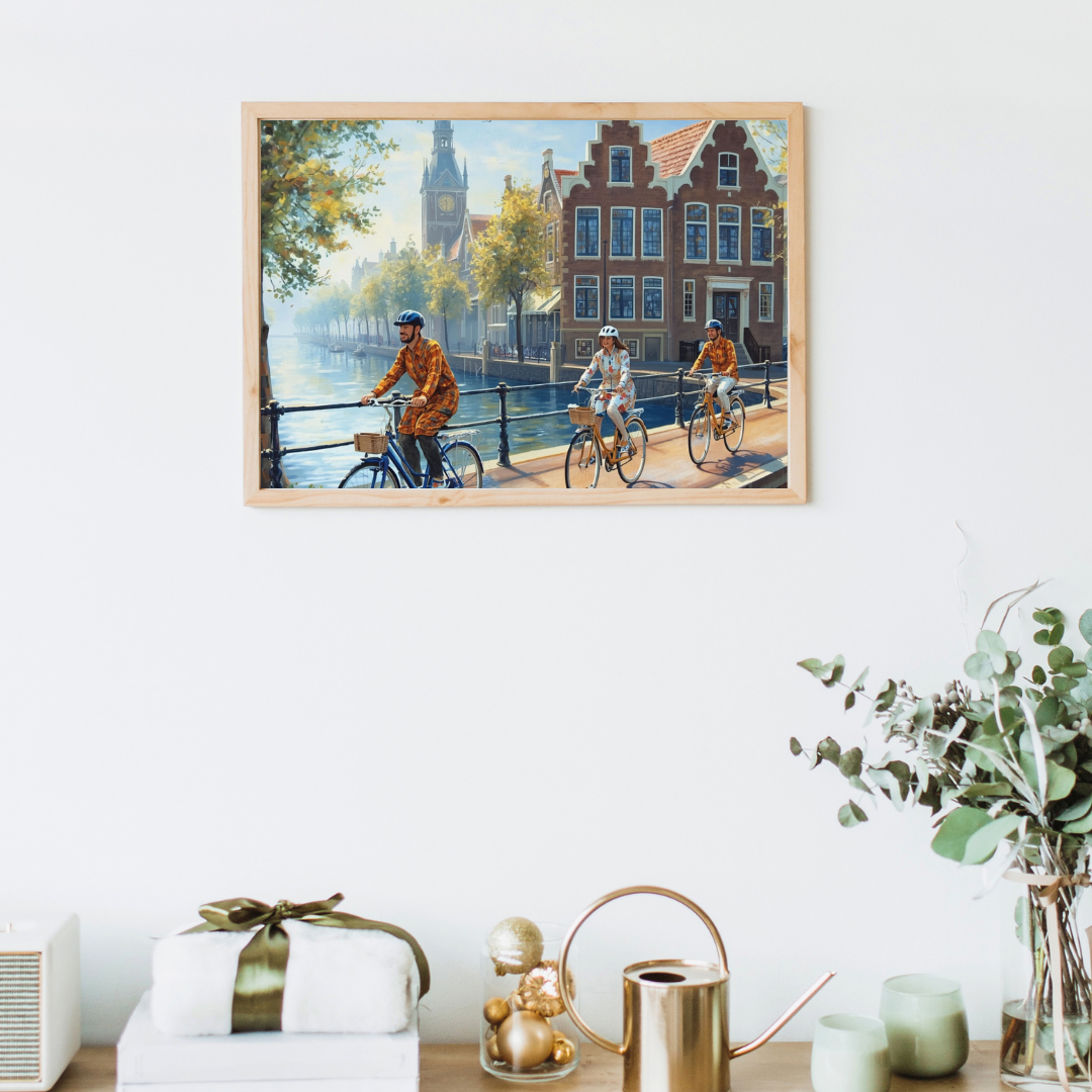 Delft fietsers schilderij in witte lijst aan witte muur boven wit aanrecht met keukenspullen en plant – wall art keuken
