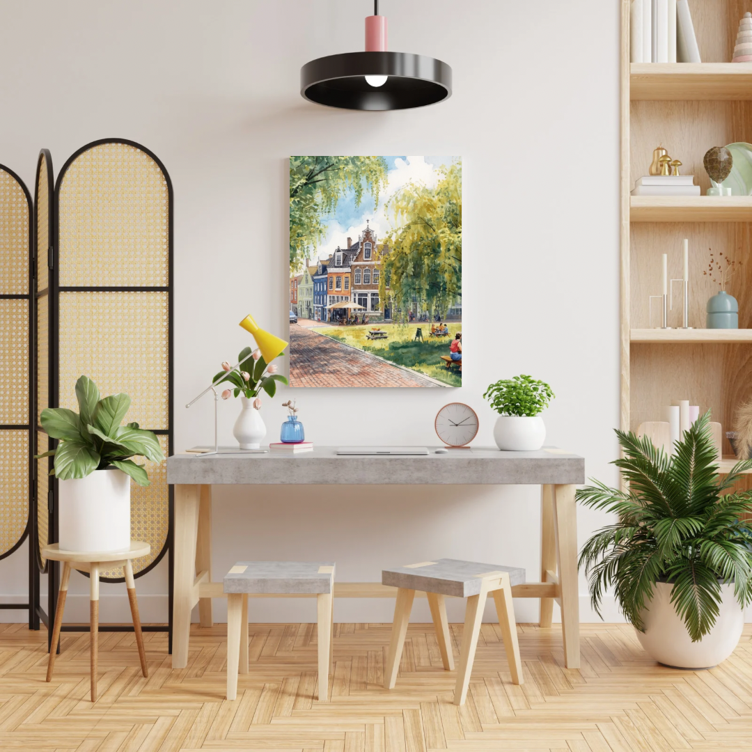 Breda stadspark schilderij als set van twee in donkere lijsten aan witte muur boven witte eettafel met witte stoelen en hanglamp – aquarel wall art eetkamer
