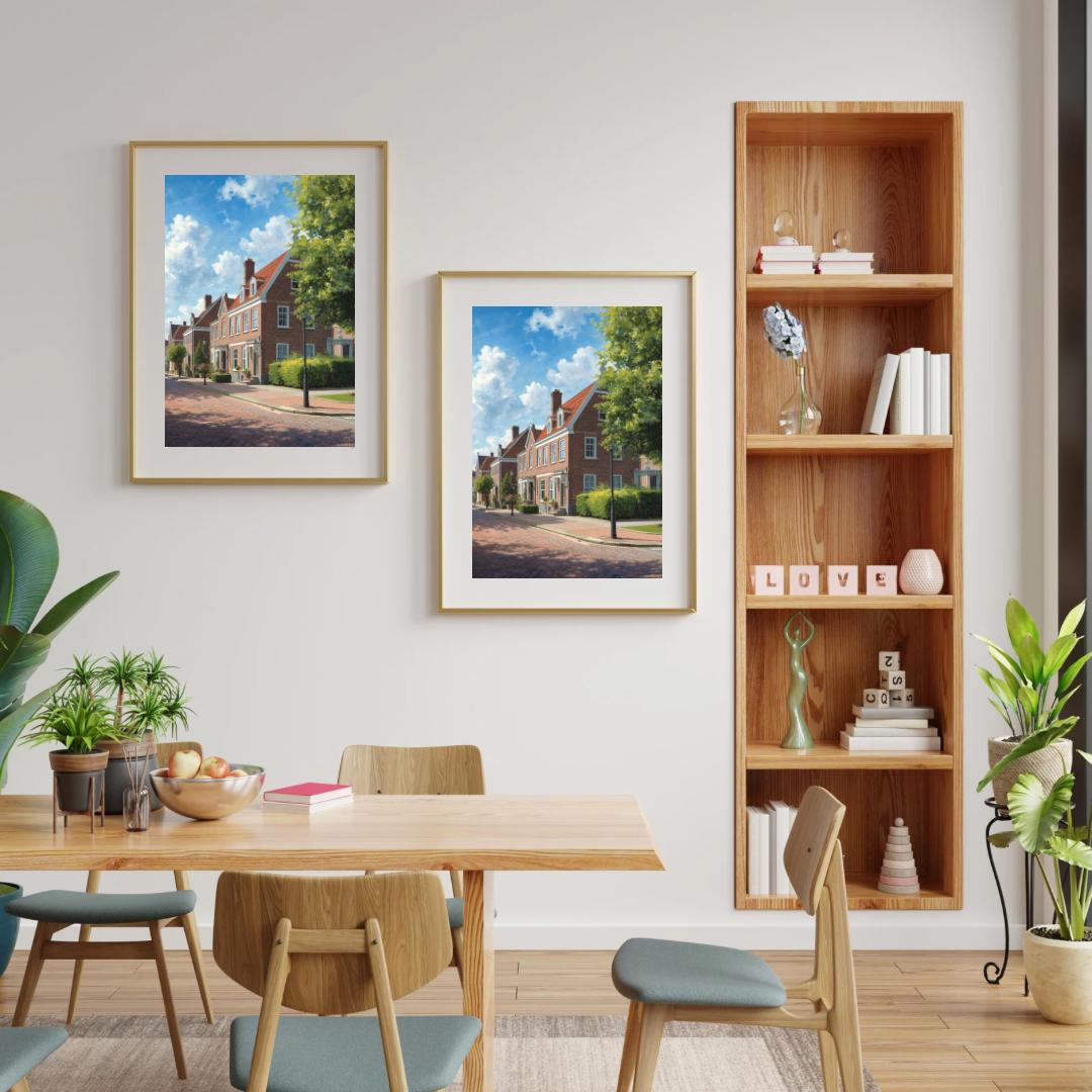 Delft villawijk schilderij in witte lijst aan witte muur naast houten boekenkast met planten boven houten eettafel – realistisch wall art eetkamer
