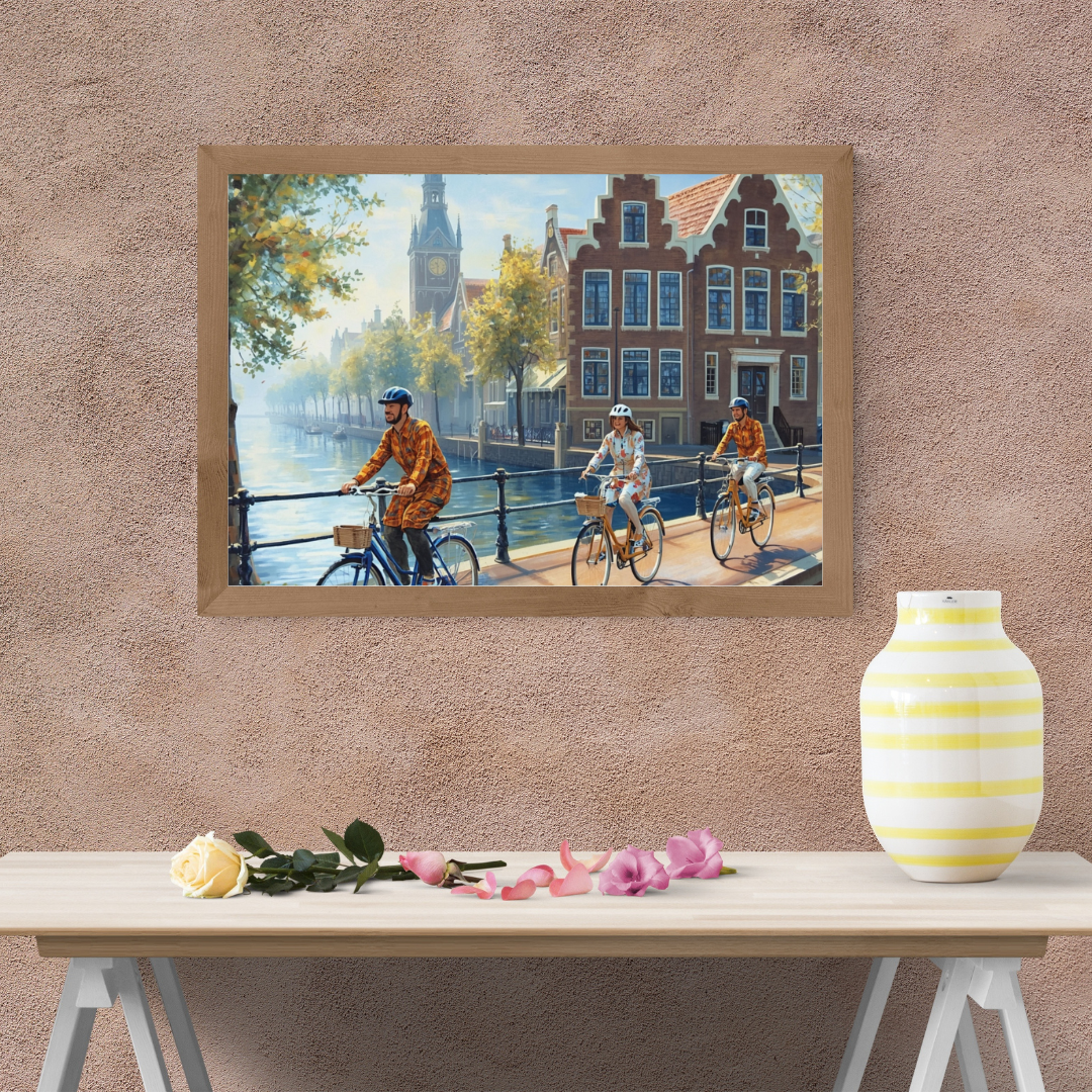 Delft fietsers schilderij in donkere lijst aan taupe muur boven wit bureau met vaas en decoraties – wall art thuiskantoor
