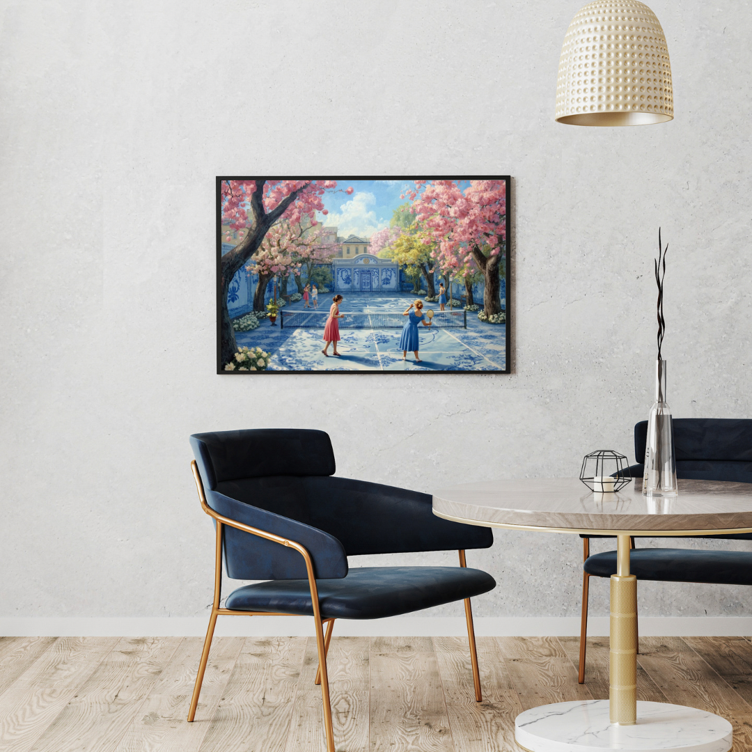 Delft kersenbloesem schilderij in donkere lijst aan witte muur naast donkere fauteuil met witte vloerlamp en plant – sprookjesachtige wall art woonkamer
