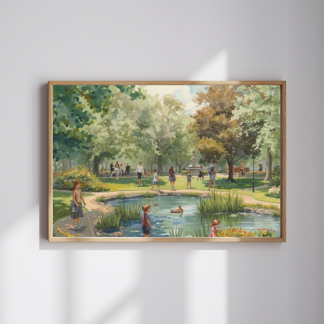 Breda park vijver schilderij in lichte lijst aan grijze muur boven lichtgrijs tv-meubel met decoraties – aquarel wall art woonkamer
