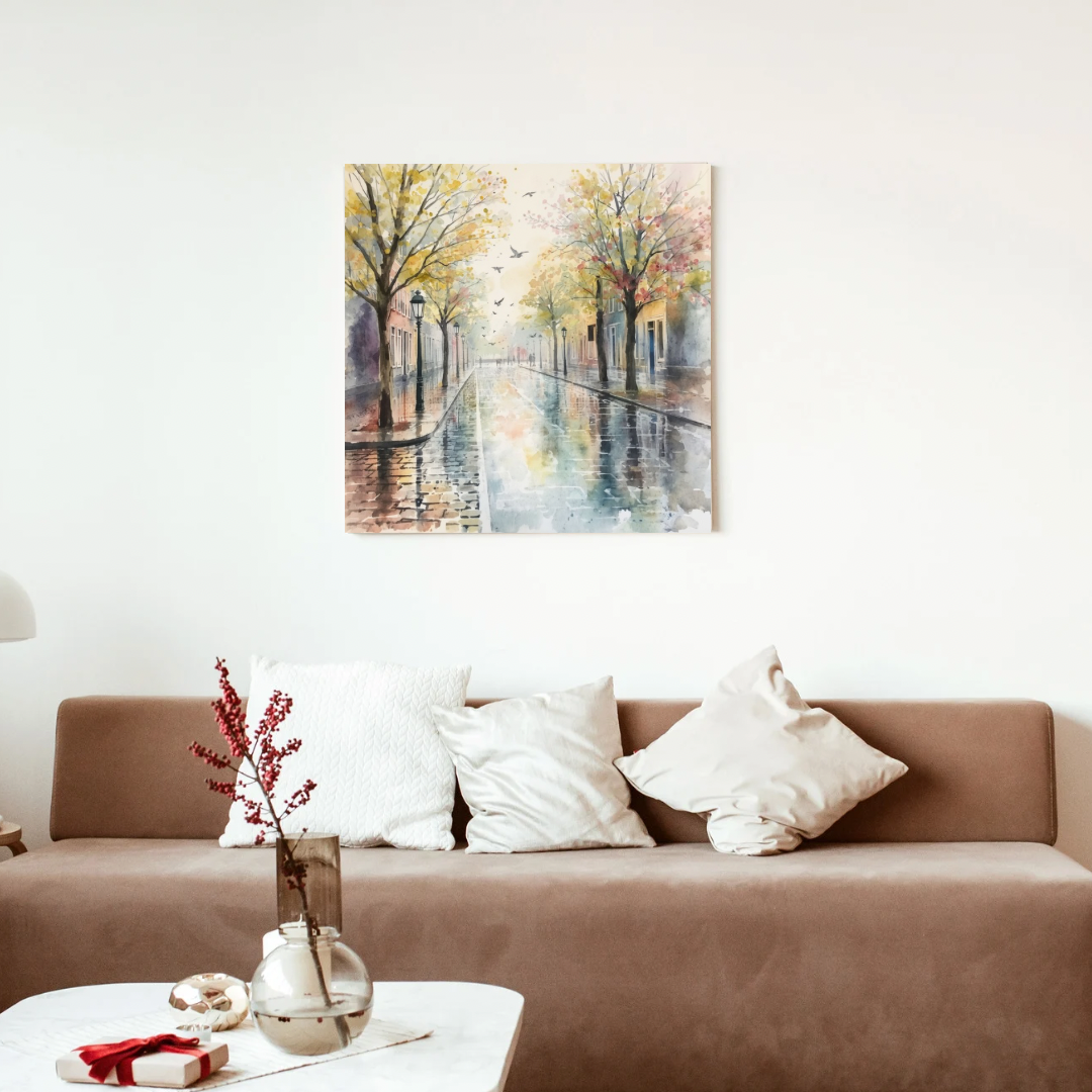 Deventer herfstlaan schilderij in zwarte lijst boven wit bed met zwarte hanglampen en witte bloemen op nachtkastje – aquarel wall art slaapkamer