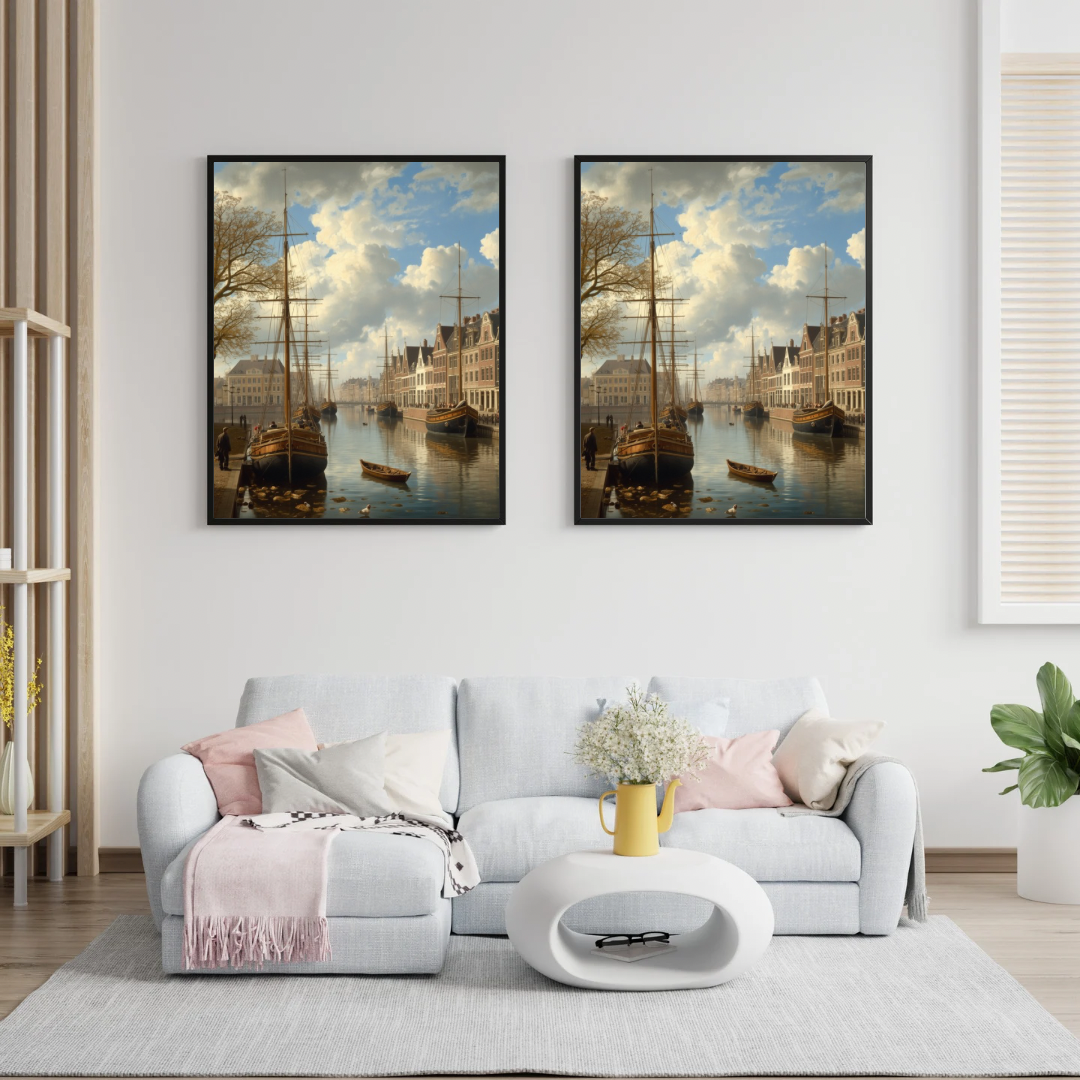 Amsterdam haven schilderij als set van drie in houten lijst aan blauwe muur boven kinderbed met knuffels – olieverf wall art kinderkamer

