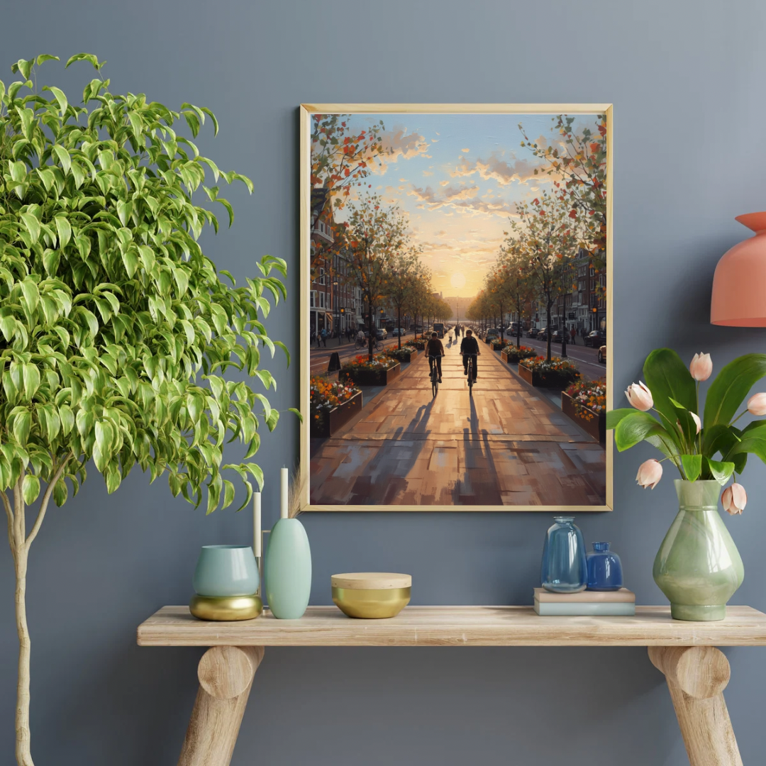 Breda zonsondergang boulevard schilderij in donkere lijst aan grijze muur boven licht houten sidetable met vaas en decoraties – cinematisch wall art woonkamer

