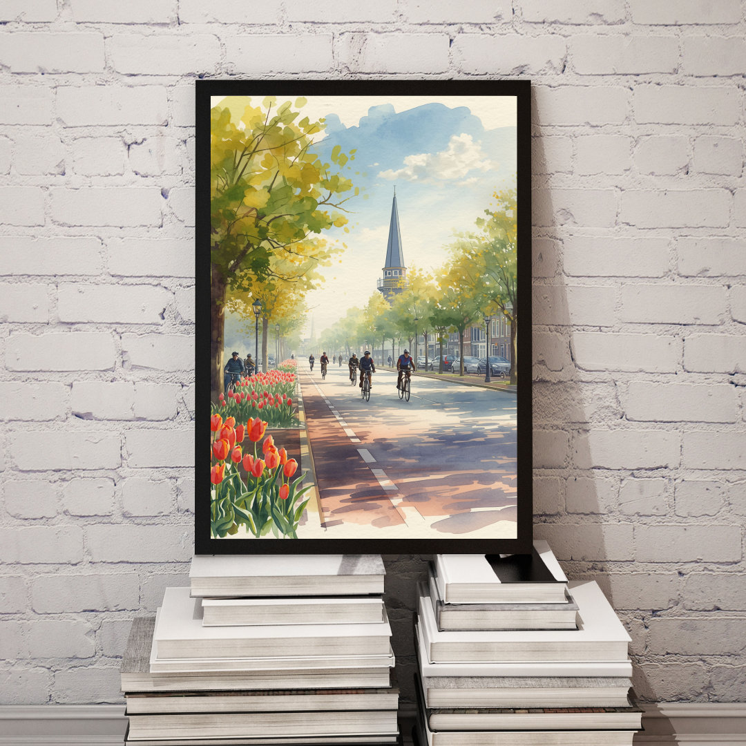 Delft lenteboulevard schilderij in donkere lijst staand op stapel boeken op houten vloer tegen witte muur – aquarel wall art woonkamer
