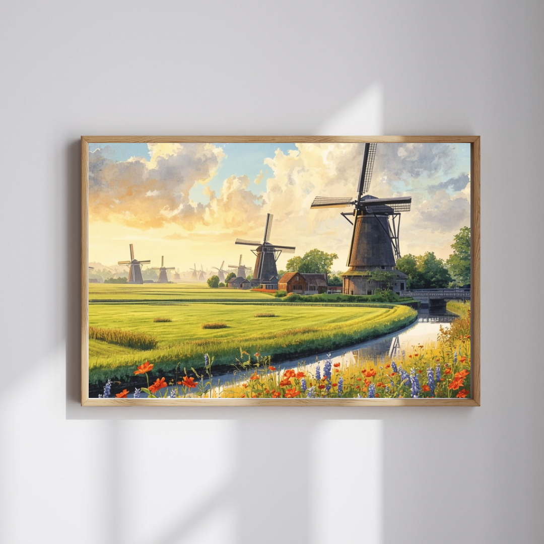 Delft molen polder schilderij in lichte lijst aan witte muur boven licht houten dressoir met decoraties – klassiek wall art woonkamer

