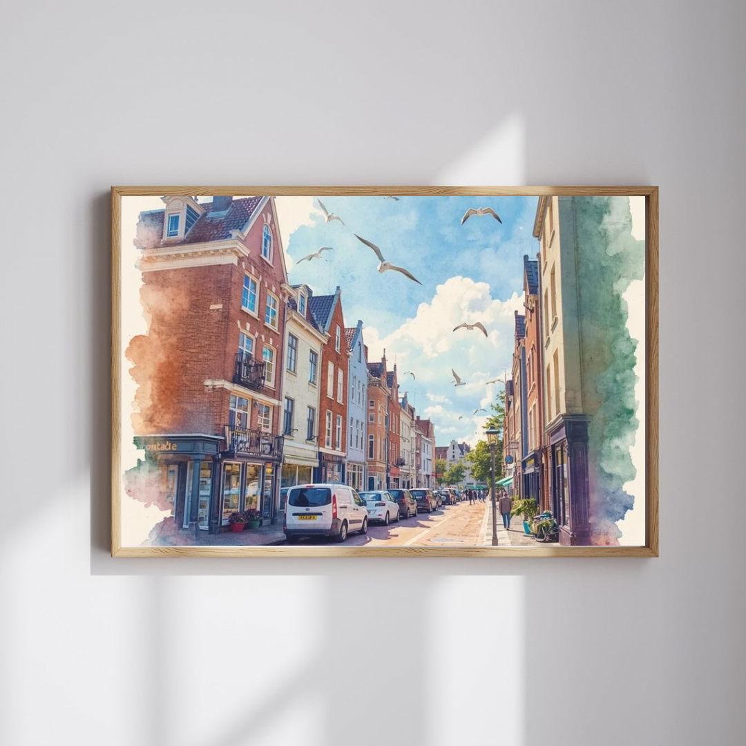 Den Haag Straßenmalerei – Sommerliche Stadt mit Möwen