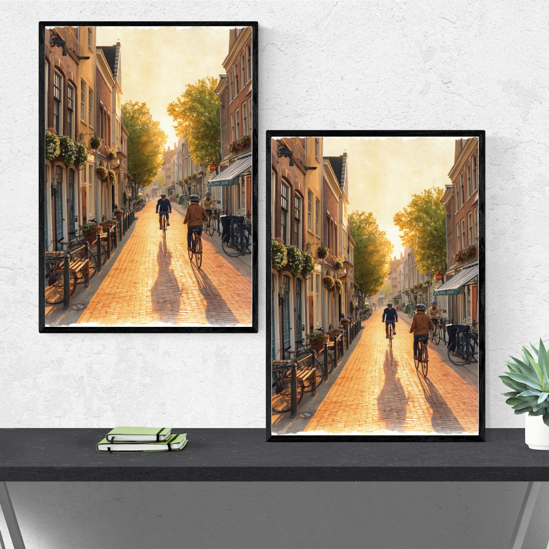 Delft avondstraat schilderij als set van twee in donkere lijsten op zwart tv-meubel tegen witte muur met zwarte speakers – cinematisch wall art woonkamer
