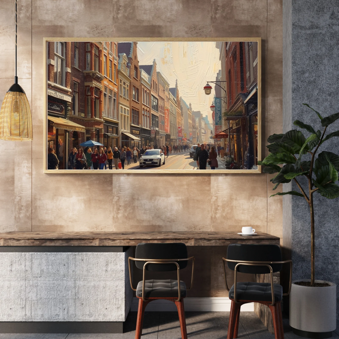 Groningen winkelstraat schilderij in lijst aan donkere muur in eetkamer met marmeren tafel, zwarte stoelen en wandlamp – olieverf wall art interieur
