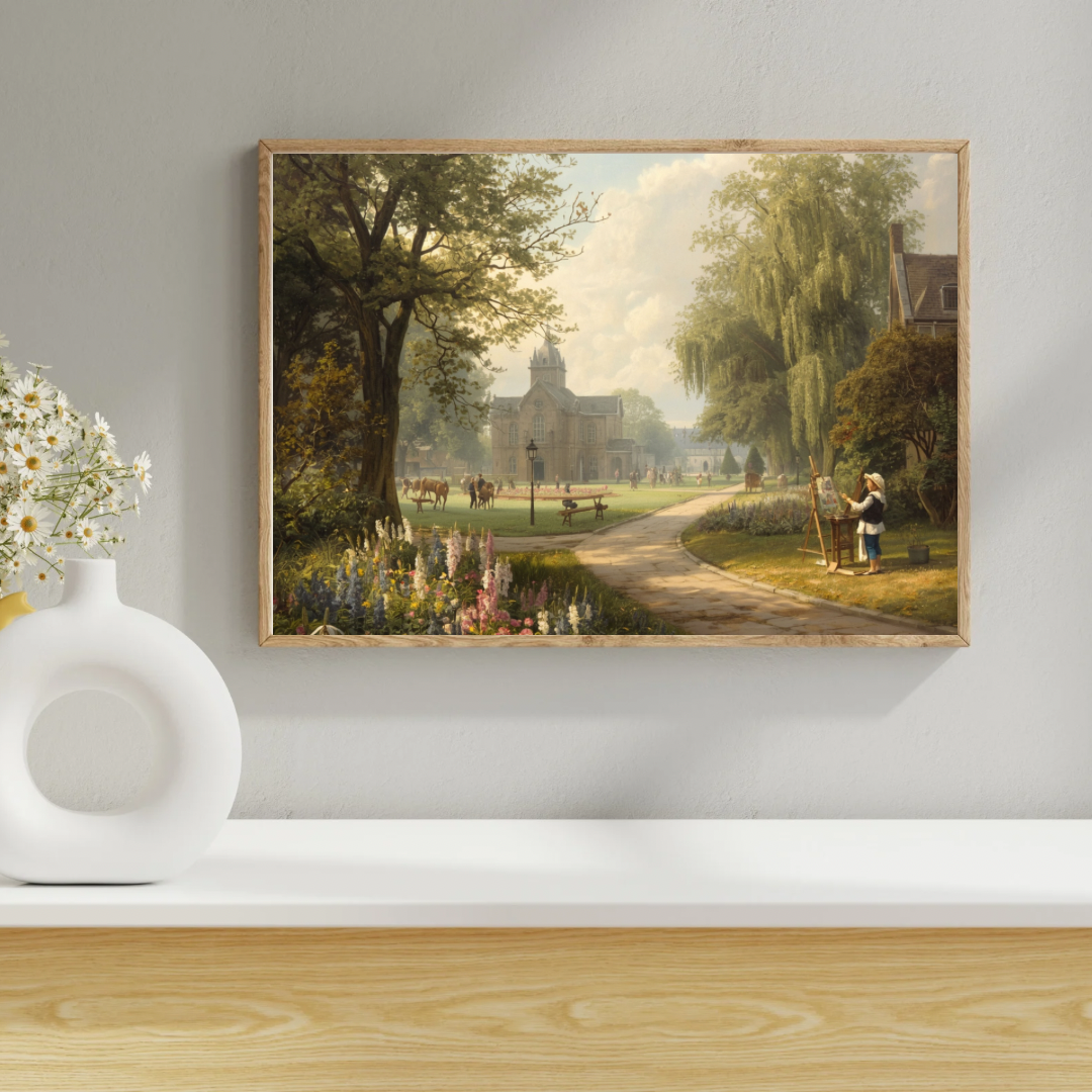 Klassiek landschap schilderij in gouden lijst staand op lichte houten vloer tegen witte muur naast decoratieve vaas – oud meester wall art woonkamer
