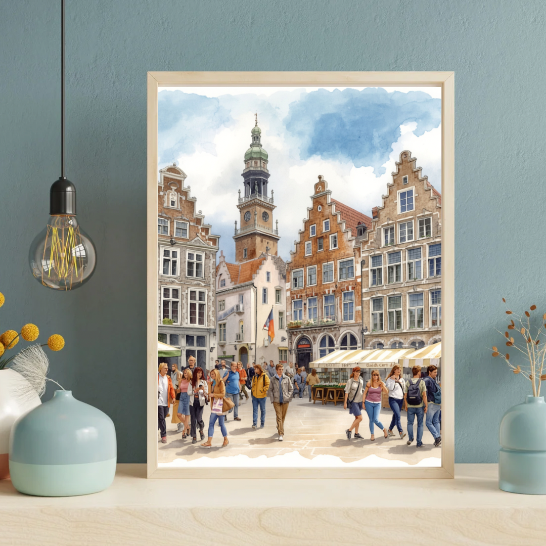 Breda marktplein schilderij in gouden lijst aan grijze muur naast witte vaas op lichte houten vloer – aquarel wall art woonkamer
