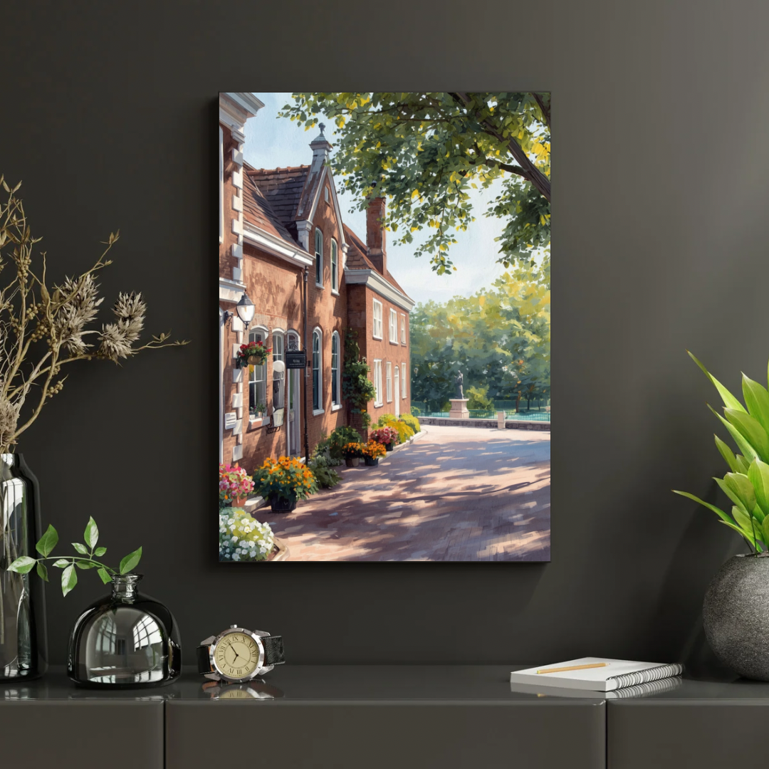 Breda villalaan schilderij in donkere lijst aan donkere muur naast groene plant en decoratieve pot op donkere vloer – realistisch wall art woonkamer
