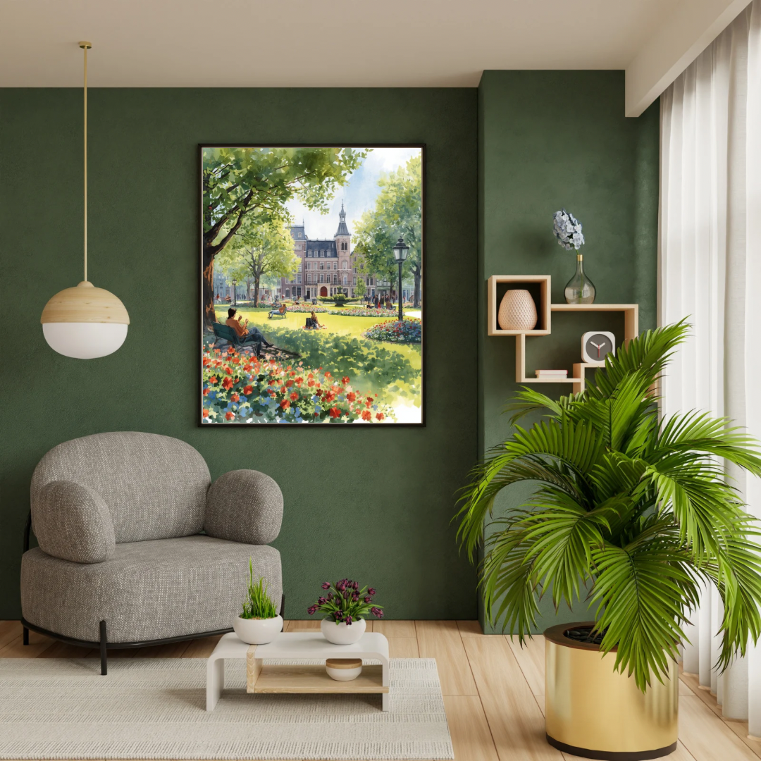 Amsterdam park schilderij in zwarte lijst aan groene muur met grijze fauteuil en grote palm – aquarel wall art woonkamer
