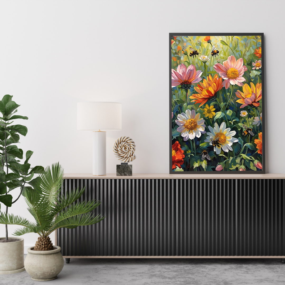 Dahlia tuin bloemen schilderij in zwarte lijst aan witte muur boven zwart geribbeld dressoir met groene plant en witte lamp – wall art print woonkamer

