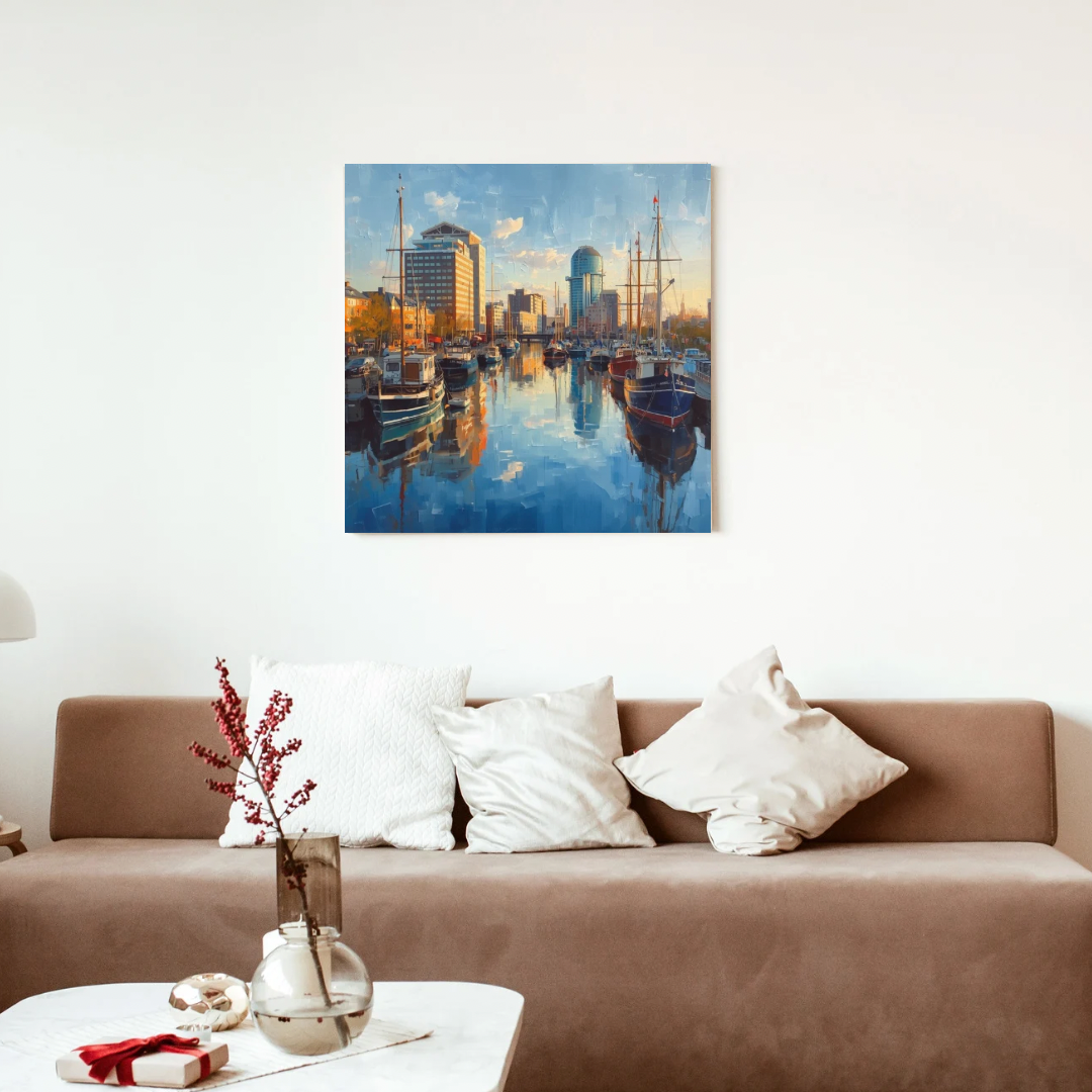 Rotterdam skyline canvas print displayed in modern living room interior