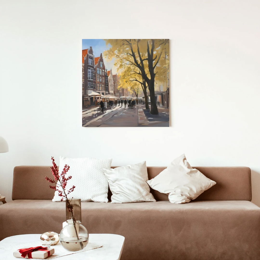 Utrecht market square canvas print displayed in modern living room interior