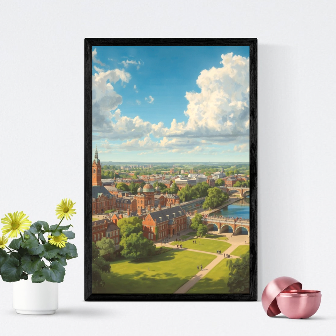 Arnhem vogelvlucht stadsgezicht schilderij in donkere lijst staand op witte plank naast roze bloemen en kleine decoraties – cinematisch wall art woonkamer
