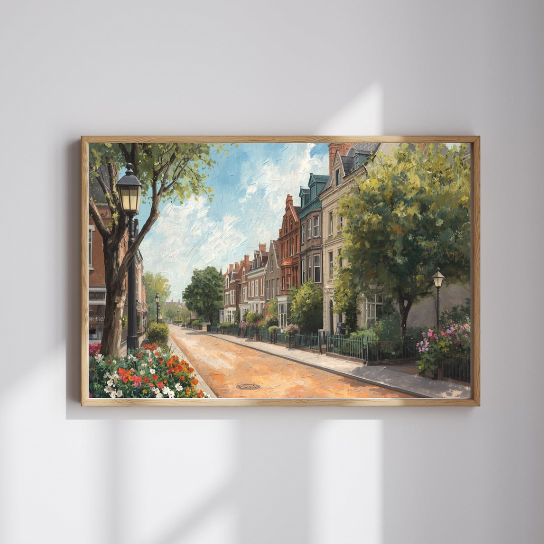 Arnhem villalaan schilderij in donkere lijst aan witte muur boven licht houten dressoir met plant en decoraties – aquarel wall art woonkamer
