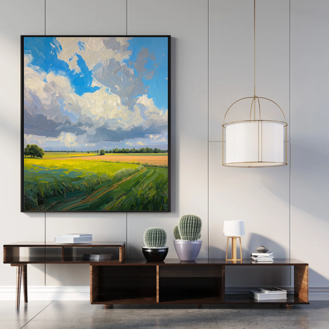 Polderlandschap schilderij in zwarte lijst aan witte muur boven zwart tv-meubel met lamp en decoraties – impressionistisch olieverf wall art woonkamer
